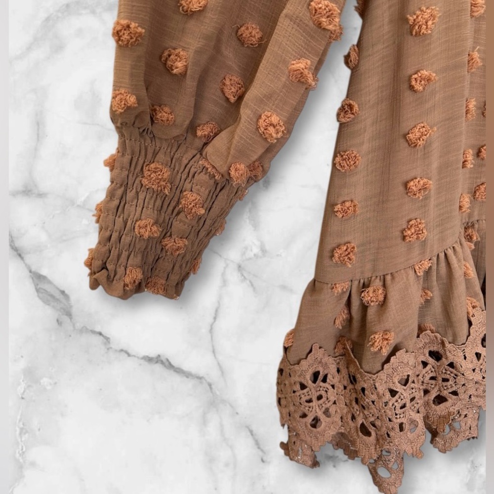 Just Me Boho Swiss Dot Crochet Lace Ruffled Hem Party Mini Dress Cognac Size M - Picture 4 of 15